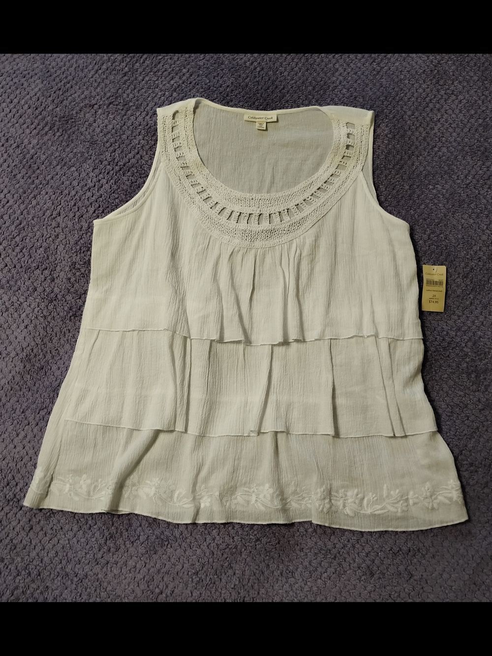 Coldwater Creek White Tiered Crochet-Trim Sleeveless Tank